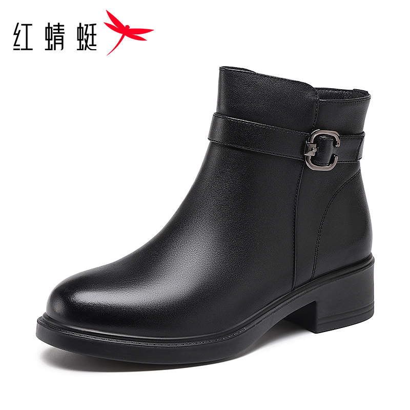 红蜻蜓冬季中跟头层牛皮妈妈棉靴