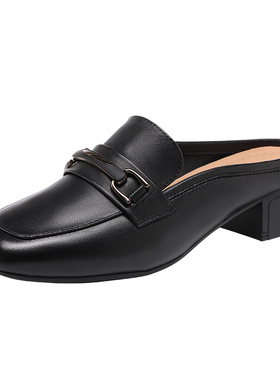 红蜻蜓2026夏季新款头层牛皮一脚蹬软面软底透气小方头女穆勒拖鞋