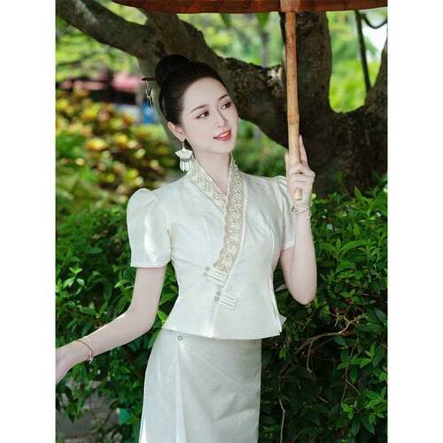 傣族风白色泡泡袖女夏季两件套