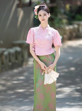 粉紫色新中式国风傣族服装 现代改良款民族风套装