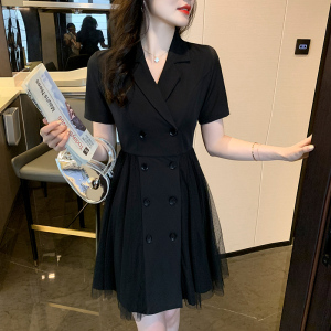 RM11555#夏季新款法式赫本风西装领双排扣网红网纱拼接连衣裙女
