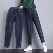 妈妈长裤 垂感修身 女直筒宽松高腰显瘦大码 松紧腰弹力牛仔裤