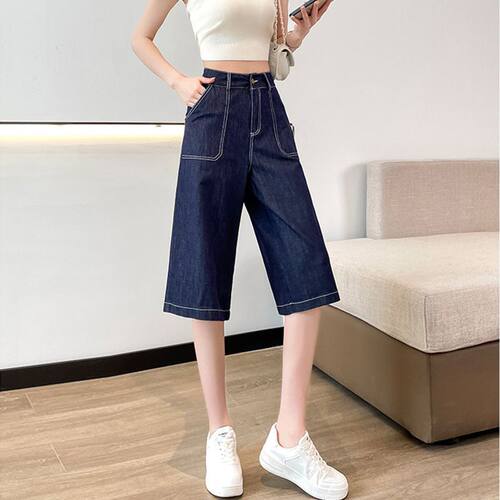 大码七分阔腿高腰牛仔短裤女宽松夏季显瘦薄款直筒五七分中裤胖mm