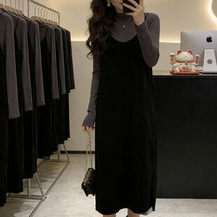 韩系 大码吊带连衣裙女胖mm丝绒背心裙300斤秋冬打底中长款裙子潮