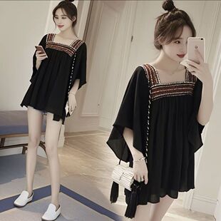 裙子潮 短款 加大码 胖mm超仙雪纺连衣裙女宽松遮肉显瘦洋气上衣夏季