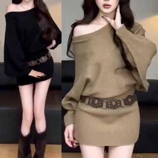 韩系大码胖mm一字肩针织连衣裙子女秋冬内搭御姐毛衣包臀短裙上衣