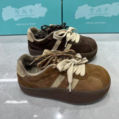 冬季真皮加绒厚底德训女鞋
