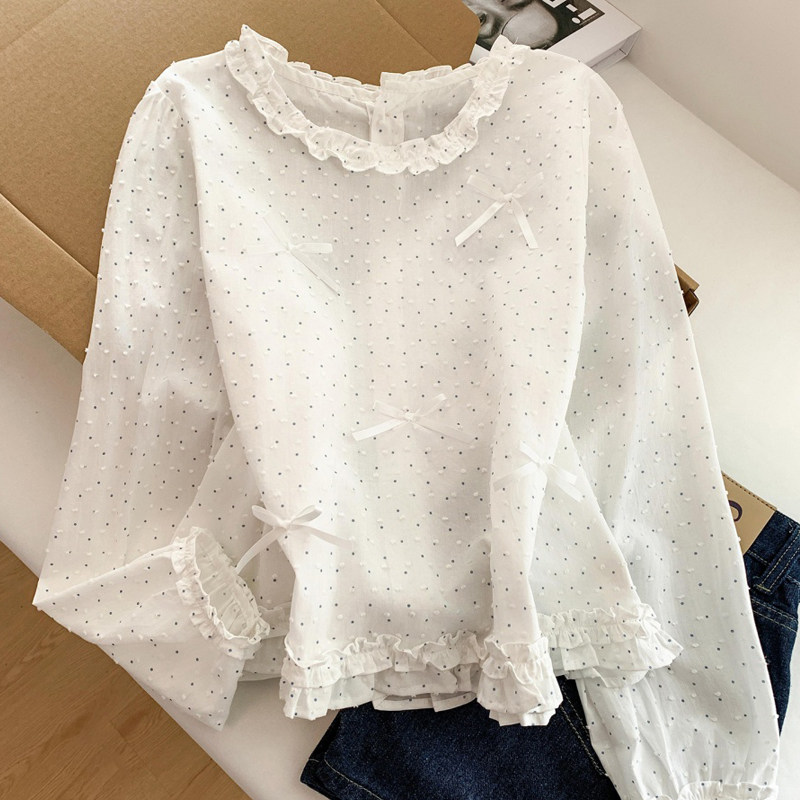 Jade Closet直营店推荐~美拉德甜美风花边拼接波点长袖娃娃衬衫女