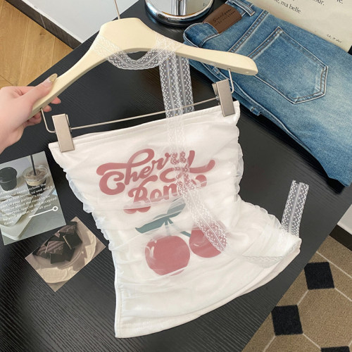 网纱拼接有胸垫抹胸短背心优品质