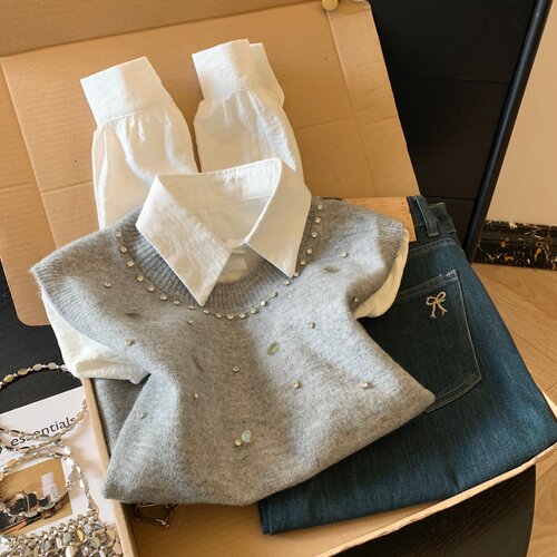 针织背心长袖衬衫两件套优品质