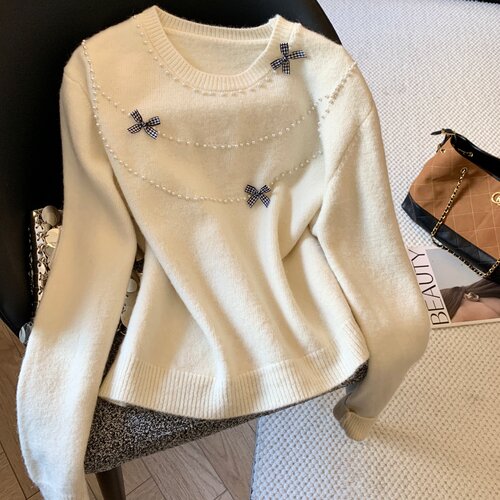 钉珠蝴蝶结装饰针织毛衣优品质