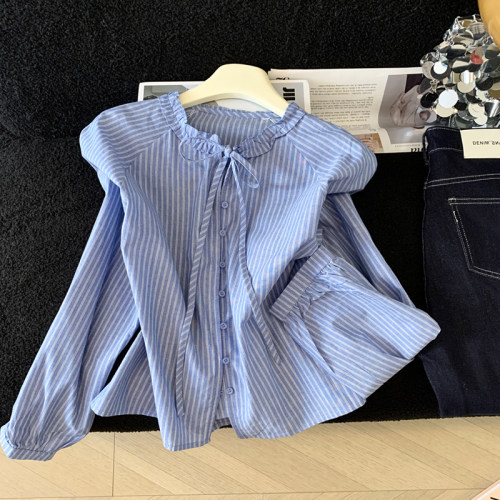 设计感蓝色条纹长袖衬衫优品质