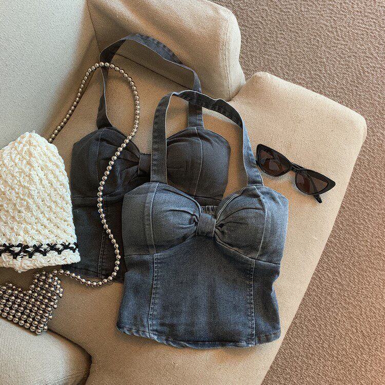 Jade Closet自家直销推荐~纯欲风性感带胸垫挂脖牛仔背心上衣女夏