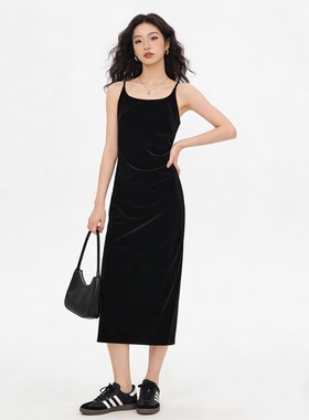 黑色时尚金丝绒吊带长裙女春季新款韩系赫本风收腰显瘦内搭连衣裙
