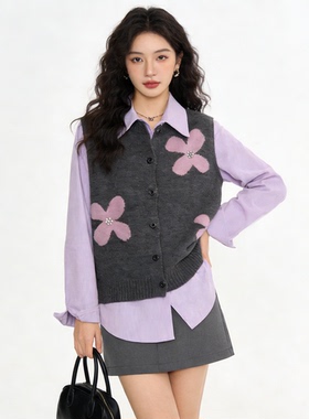 百搭气质休闲长袖衬衫叠穿花朵提花针织马甲背心女春季时尚两件套