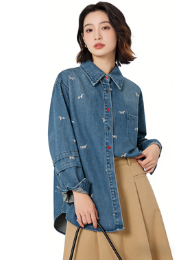 时尚牛仔衬衫女2026春季新款独特气质宽松显瘦百搭刺绣休闲上衣潮