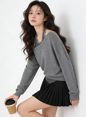 减龄百搭复古条纹挂脖背心叠穿斜肩针织上衣女春季新款时尚两件套