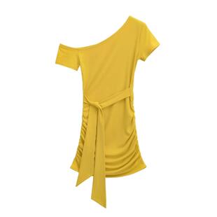 纯欲风斜肩短袖 女连衣裙系带收腰褶皱拼接包臀甜辣性感打底裙 修身