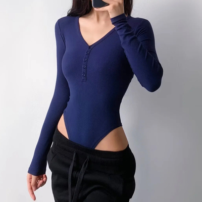 长袖欧美V领排扣螺纹棉弹力女T恤