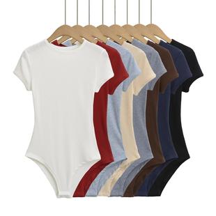 连裆女T恤百搭辣妹基础螺纹棉连身连体衫 欧美风修身 弹力圆领短袖