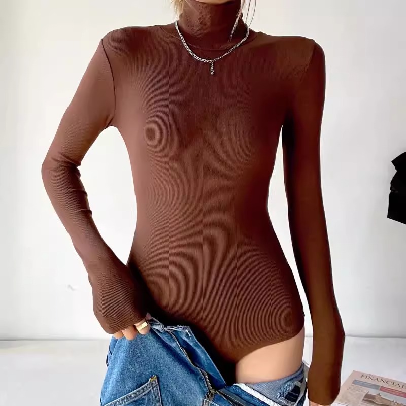 高领连裆连体螺纹弹力修身女T恤