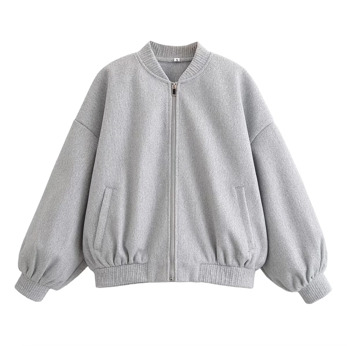 欧美风秋冬新款棒球服立领外套宽松长袖欧美风短款简约女毛呢外套