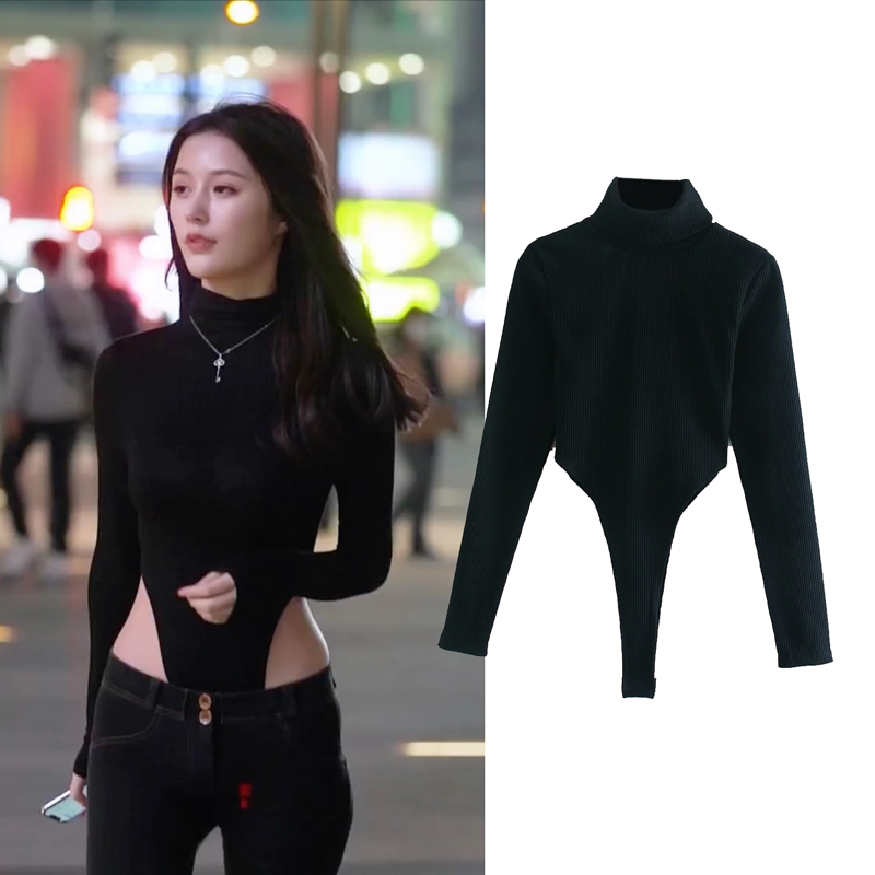 高叉露腰长袖连体连体弹力女T恤