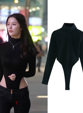 欧美新品高叉连体T恤长袖高领修身弹力黑色露腰镂空连身连裆女T恤