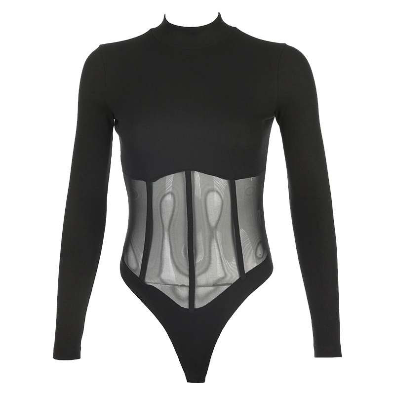 长袖欧美连体腰部拼接网纱女T恤