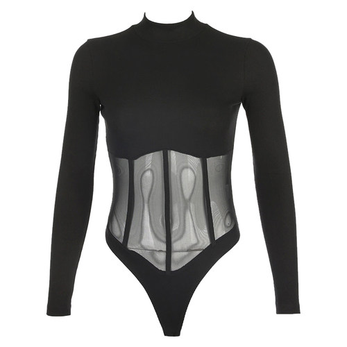 长袖欧美连体腰部拼接网纱女T恤