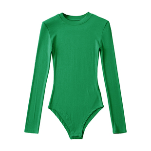 连体打底衫 圆领长袖 欧美风连裆连身弹力简约纯色百搭上衣 新品 秋季