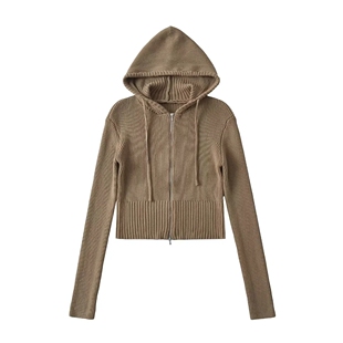 高腰辣妹欧美风连帽衫 短款 简约粗毛线拉链衫 连帽拉链女针织衫 修身