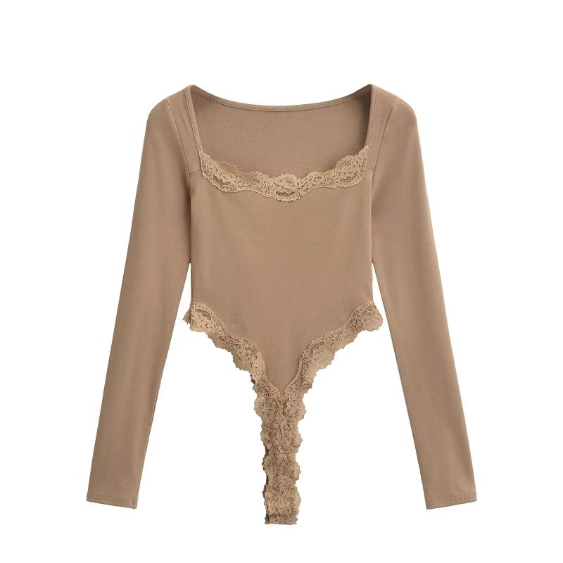 长袖纯欲甜美拼接蕾丝连裆女T恤