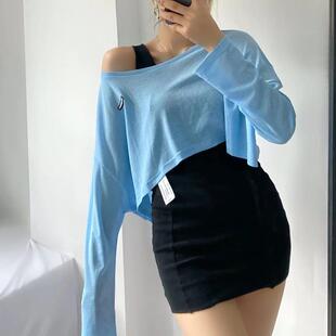 宽松短款休闲一字肩长袖女罩衫不规则舞蹈ins露腰露脐薄款套头T恤