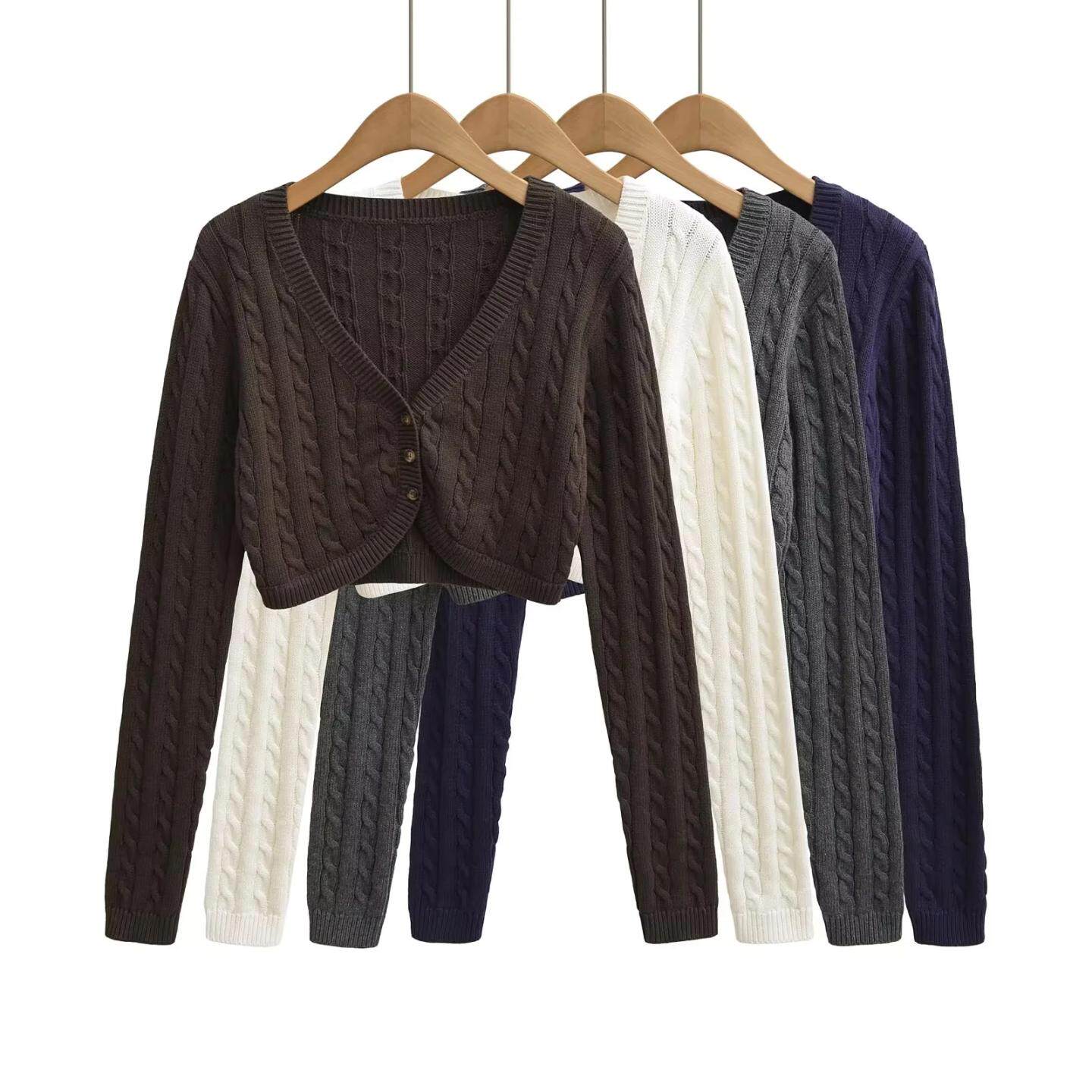 欧美风短款长袖女针织衫弧边V领拼接高腰叠穿层叠麻花毛线小开衫