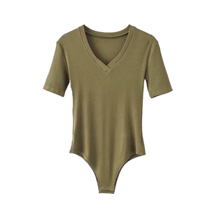 深V修身 舒适软和弹力贴身包臀连裆连身女上衣 内搭纯色连体T恤薄款