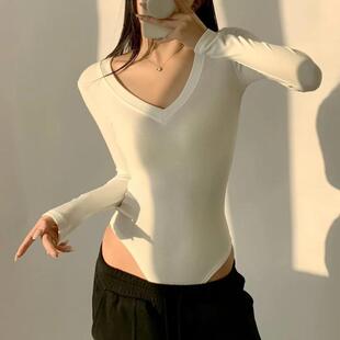 T恤连裆连身V领女打底衫 欧美风秋冬新品 微加厚磨毛加绒感连体长袖