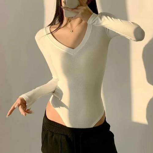 长袖欧美微绒感连体连裆V领女T恤