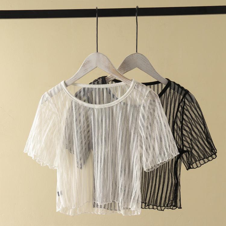 条纹短袖圆领夏季新品高腰短款欧美罩衫大码宽松休闲网眼蕾丝T恤