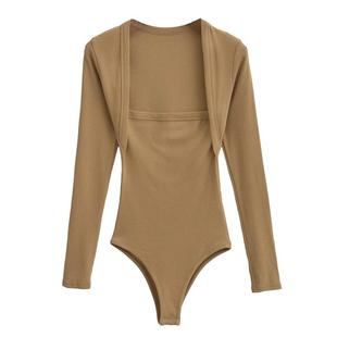 T恤平口U拼接连身连裆修身 大方领口连体长袖 弹力上衣 新品 欧美春季