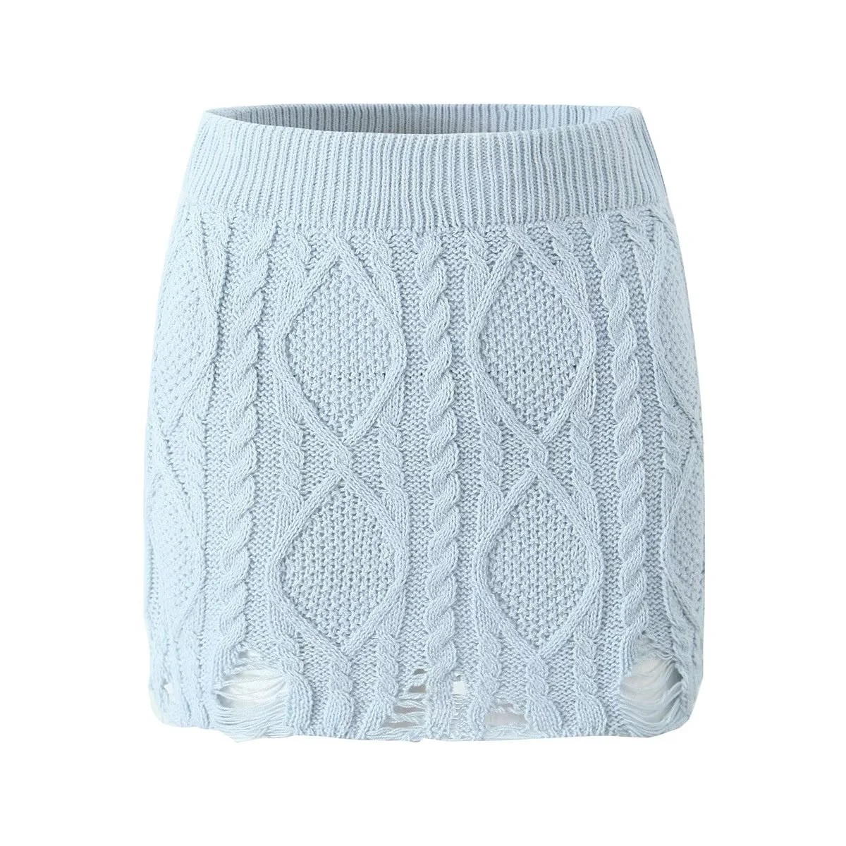 欧美风潮流街头麻花粗毛线针织女半身裙割破丐版时尚个性包臀短裙