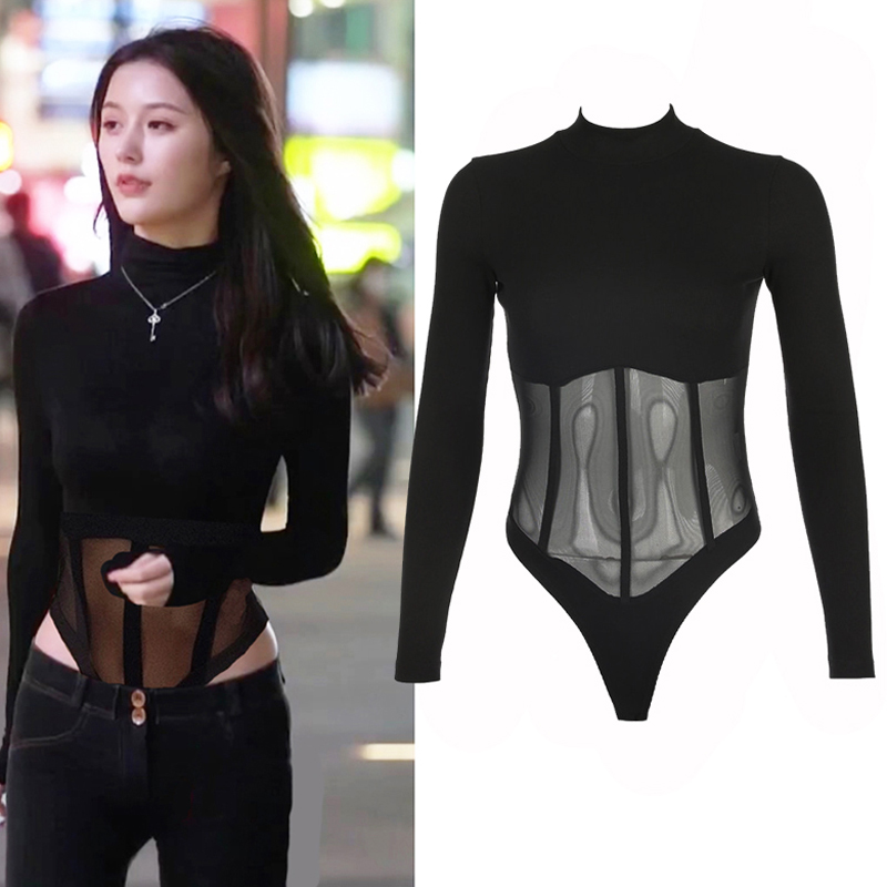 网纱拼接长袖欧美连裆棉弹女上衣