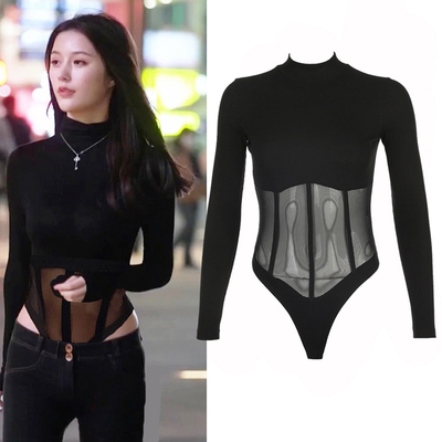 网纱拼接长袖欧美连裆棉弹女上衣