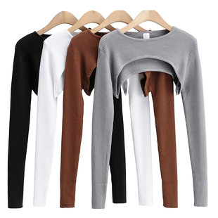 超短披肩式 针织衫 弹力修身 袖 护肩毛衣 欧美秋冬新品 套毛线时尚 长袖