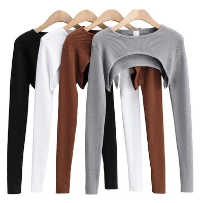 欧美秋冬新品长袖超短护肩针织衫