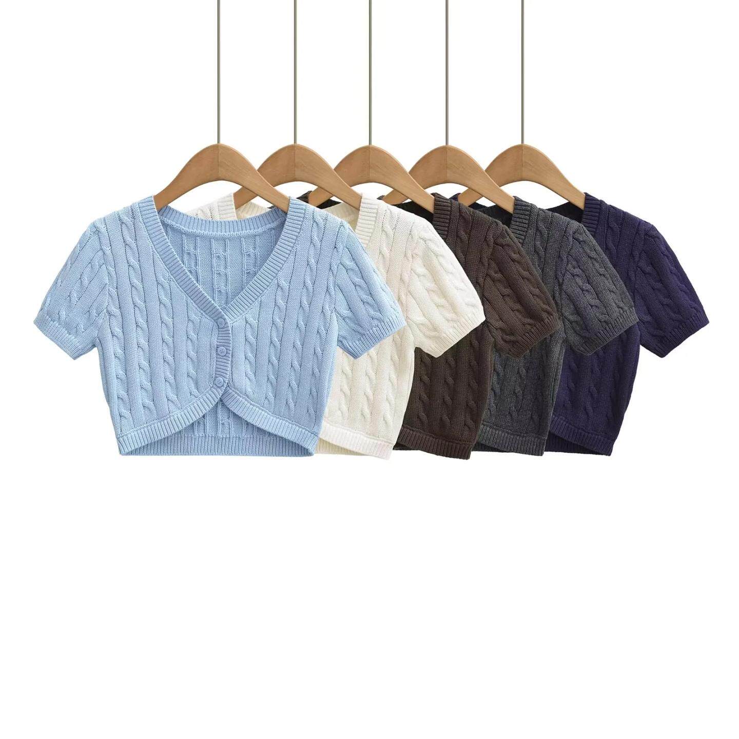 V领短袖提花麻花女针织衫高腰露腰露脐甜美毛线开衫外搭新品上衣