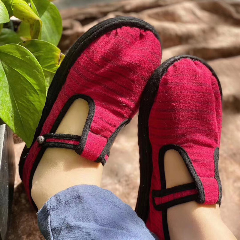 中国风纯手工千层底老布鞋女复古系带圆头平底鞋儿童汉服鞋养脚