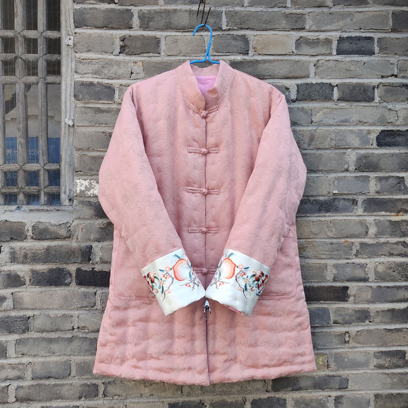 新中式风冬季纯手工老棉衣女立领盘扣加厚保暖棉服粉色国潮棉袄男