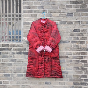 冬季香云纱纯手工老棉衣女盘扣中长款加厚保暖棉服国潮红色棉袄男