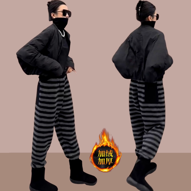 加绒加厚休闲保暖条纹哈伦裤